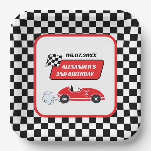 Retro rode raceauto racejongen 2e verjaardag papieren bordje (Voorkant)