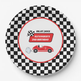 Retro rode raceauto racejongen 2e verjaardag papieren bordje