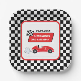 Retro rode raceauto racejongen 2e verjaardag papieren bordje