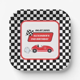 Retro rode raceauto racejongen 2e verjaardag papieren bordje