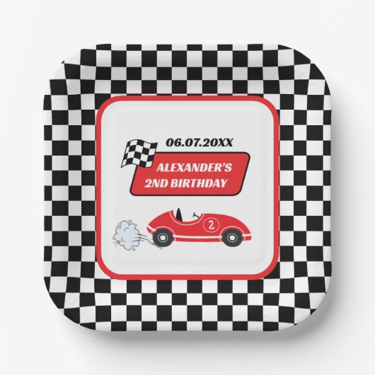 Retro rode raceauto racejongen 2e verjaardag papieren bordje (Voorkant)