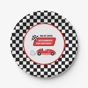 Retro rode raceauto racejongen 2e verjaardag papieren bordje