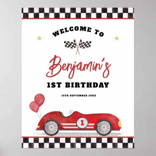 Retro rode raceauto snel een verjaardag welkom poster (Voorkant)