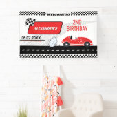 Retro rode raceauto twee snelle jongen 2e verjaard spandoek (Insitu)