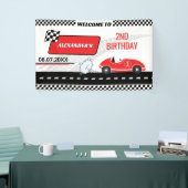 Retro rode raceauto twee snelle jongen 2e verjaard spandoek (Beurs)
