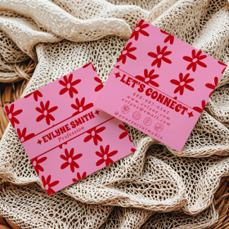 Retro Rode Roze Groovy Bloemige Boho Meisjesachtig Vierkante Visitekaartje