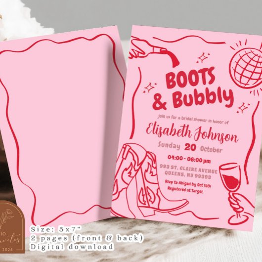 Retro rode roze laarzen en Bubbly Vrijgezellenfees Kaart