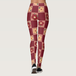 Retro rode schaakbord bloemenprint leggings