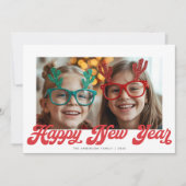Retro Rode Schrift Gelukkig Nieuwjaar Eén Foto Feestdagenkaart (Voorkant)