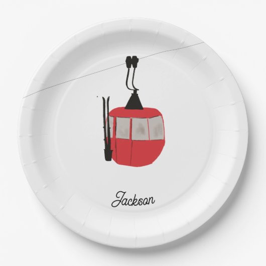 Retro rode ski gondel lift gepersonaliseerd papieren bordje (Voorkant)