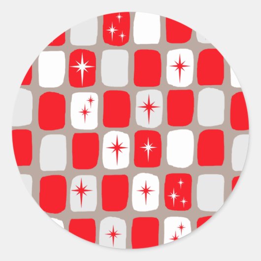 Retro Rode Starbursts Ronde Stickers (Voorkant)