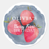 Retro rode Strawberry Berry Eerste Verjaardag  Ronde Sticker (Voorkant)