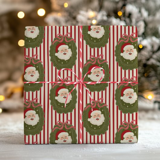 Retro rode strepen grappig gezicht van de Kerstman Cadeaupapier