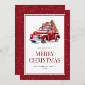Retro Rode Truck Tree Snowy Merry Christmas Kaart (Voorkant / Achterkant)