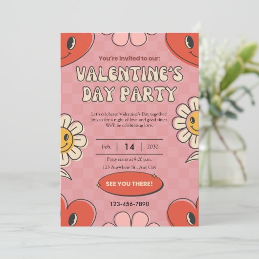 Retro Rode Valentijnsdag Feest Uitnodiging (Staand voorkant)