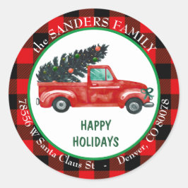Retro rode vrachtwagen2 Kerstboom Retouradres Ronde Sticker