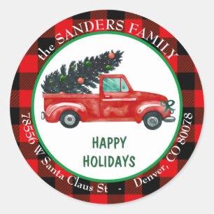 Retro rode vrachtwagen2 Kerstboom Retouradres  Ronde Sticker