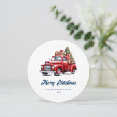 Retro Rode Vrachtwagen Blauw Vrolijk Kerstmis Kaar Feestdagenkaart (Staand voorkant)