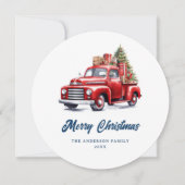 Retro Rode Vrachtwagen Blauw Vrolijk Kerstmis Kaar Feestdagenkaart (Voorkant)