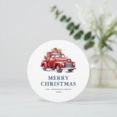Retro Rode Vrachtwagen Blauw Vrolijk Kerstmis Kaar Feestdagenkaart (Staand voorkant)