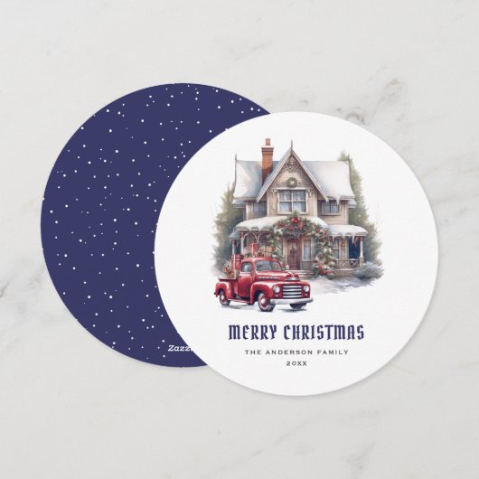 Retro Rode Vrachtwagen Blauw Vrolijk Kerstmis Kaar Feestdagenkaart (Voorkant / Achterkant)