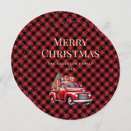Retro Rode Vrachtwagen Buffel Plaid Vrolijke Kerst Feestdagenkaart (Voorkant / Achterkant)