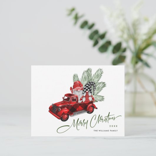 Retro Rode Vrachtwagen Gnomen Kerstmis Vakantie Gr Briefkaart (Staand voorkant)
