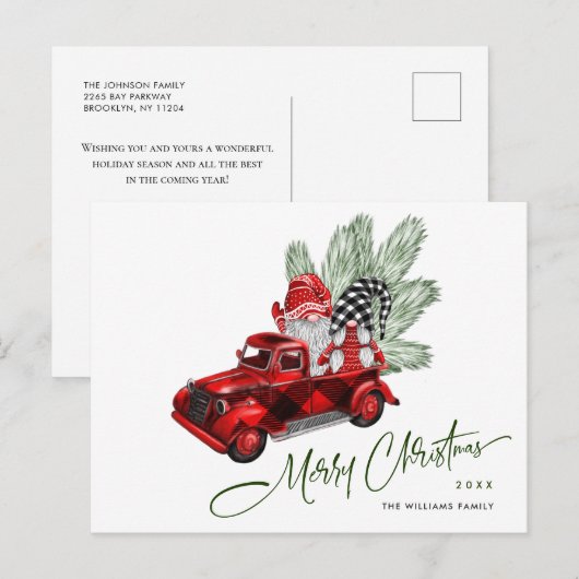 Retro Rode Vrachtwagen Gnomen Kerstmis Vakantie Gr Briefkaart (Voorkant / Achterkant)