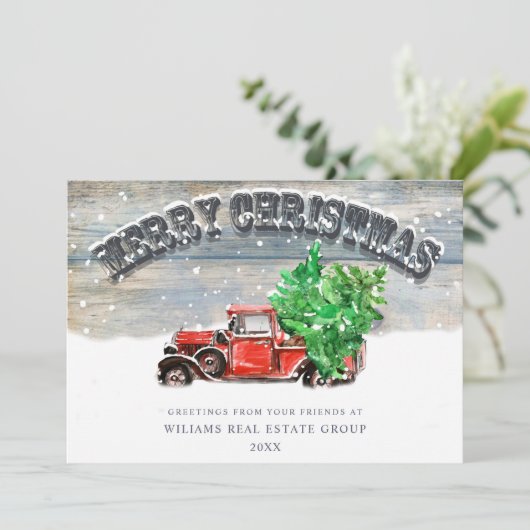 Retro Rode Vrachtwagen Kerst Bedrijfsbegroeting Feestdagenkaart (Staand voorkant)