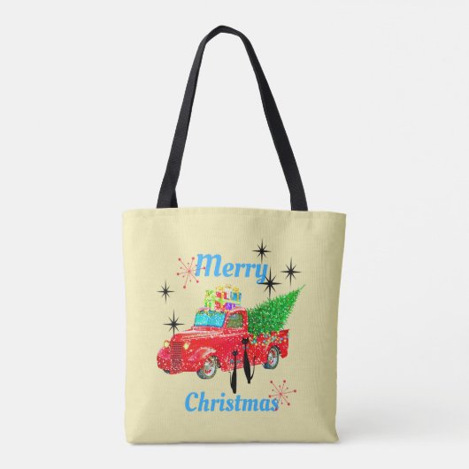 Retro Rode Vrachtwagen Kerstboom Katten Tote Bag (Achterkant)