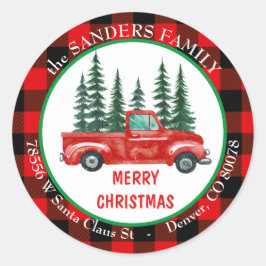 Retro Rode vrachtwagen Kerstboom Retouradres Ronde Sticker