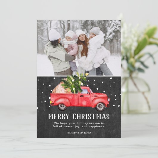  retro rode vrachtwagen kerstboomkrijt foto feestdagenkaart (Staand voorkant)