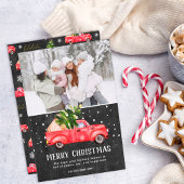  retro rode vrachtwagen kerstboomkrijt foto feestdagenkaart