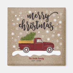 Retro Rode Vrachtwagen Met Kerstboom Retro Magneet