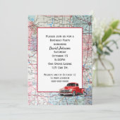 Retro rode vrachtwagen op kaart voor feest (Staand voorkant)