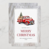 Retro Rode Vrachtwagen Rustiek Hout Vrolijke Kerst Feestdagenkaart (Voorkant / Achterkant)