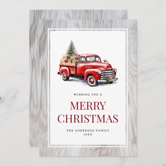 Retro Rode Vrachtwagen Rustiek Hout Vrolijke Kerst Feestdagenkaart (Voorkant / Achterkant)
