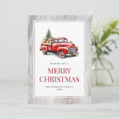 Retro Rode Vrachtwagen Rustiek Hout Vrolijke Kerst Feestdagenkaart (Staand voorkant)