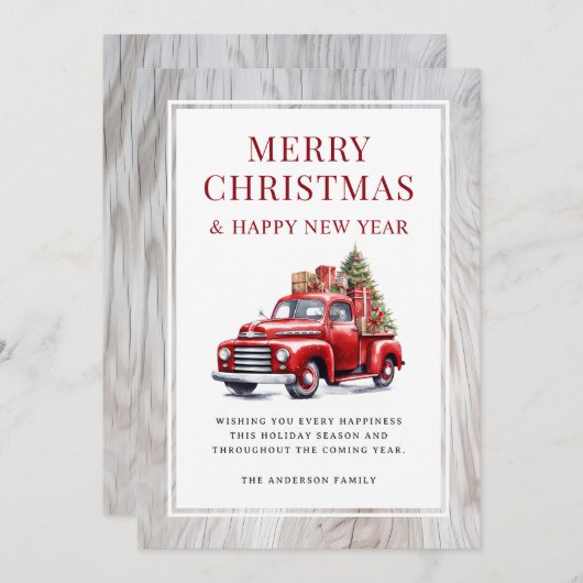Retro rode vrachtwagen rustieke houtboom Vrolijk k Feestdagenkaart (Voorkant / Achterkant)