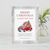 Retro rode vrachtwagen rustieke houtboom Vrolijk k Feestdagenkaart (Staand voorkant)
