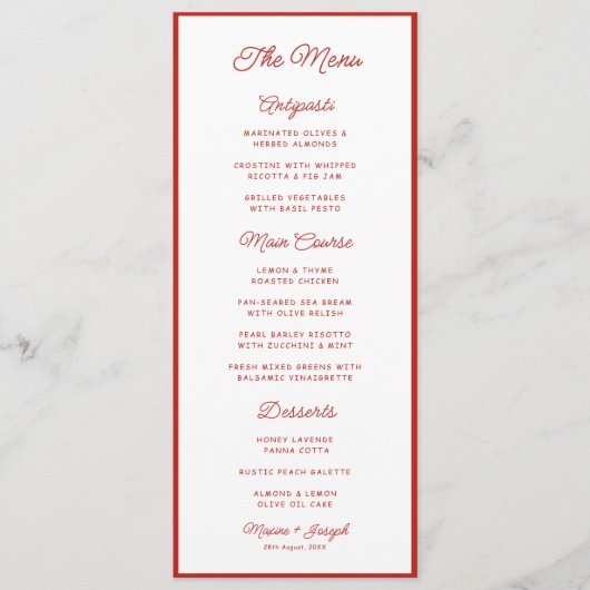 Retro Rode & Witte Bruiloft Menu (Voorkant)