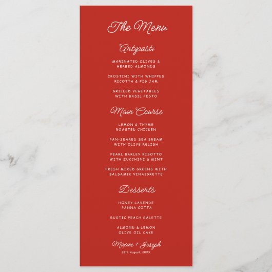 Retro Rode & Witte Bruiloft Menu (Voorkant)