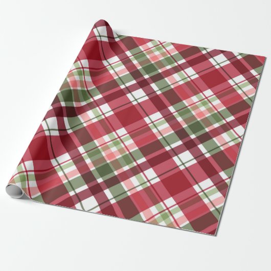 Retro Rode Witte Kerstmis Nieuwjaar Tartan Plaid Cadeaupapier (Uitgerold)