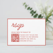 Retro Rode & Witte Trouw QR Code RSVP Kaartje (Staand voorkant)