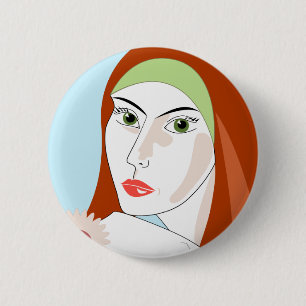 Retro Rodekop Bloemige Mode Portret Kunst Ronde Button 5,7 Cm