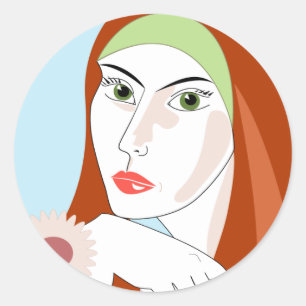 Retro Rodekop Bloemige Mode Portret Kunst Ronde Sticker