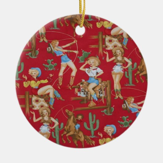 Retro Rodeo Cowgirl kerstboomversiering Keramisch Ornament (Voorkant)