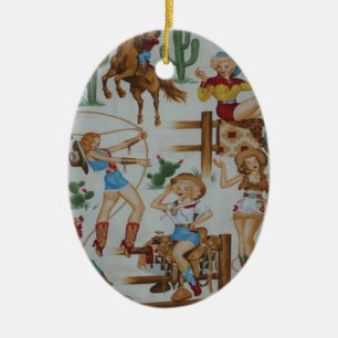 Retro Rodeo Cowmeiden kerstboomversiering Keramisch Ornament