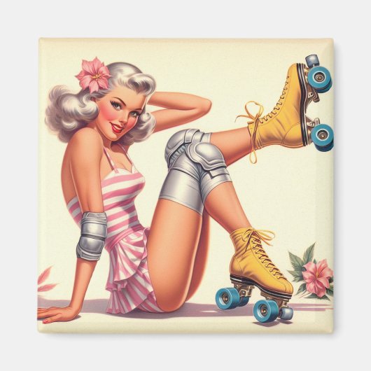 Retro Roller Meisje Pin Up Magneet (Voorkant)