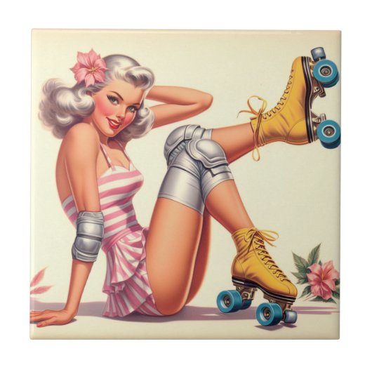 Retro Roller Meisje Pin Up Tegeltje (Voorkant)